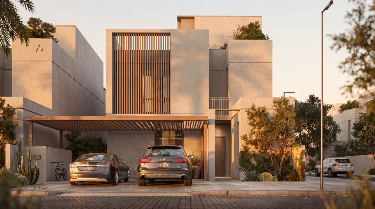 Exterior render — Golden hour